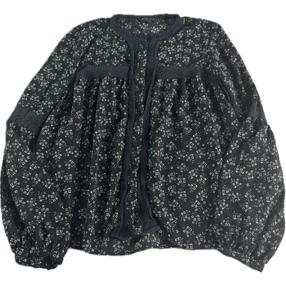 Brave Soul Tops - Brave Soul London Womens Large Black Floral Boho Peasant Blouse Lace Trim Sheer
